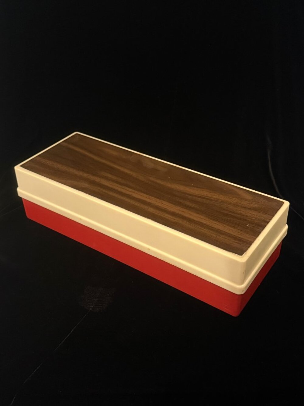 Vintage Hard Shell 15 Cassette Storage Case Red & White Faux Wood Metro 70s
